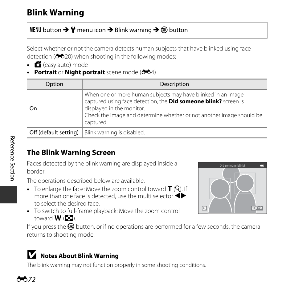 Blink warning, The blink warning screen | Nikon L30 User Manual | Page 124 / 160