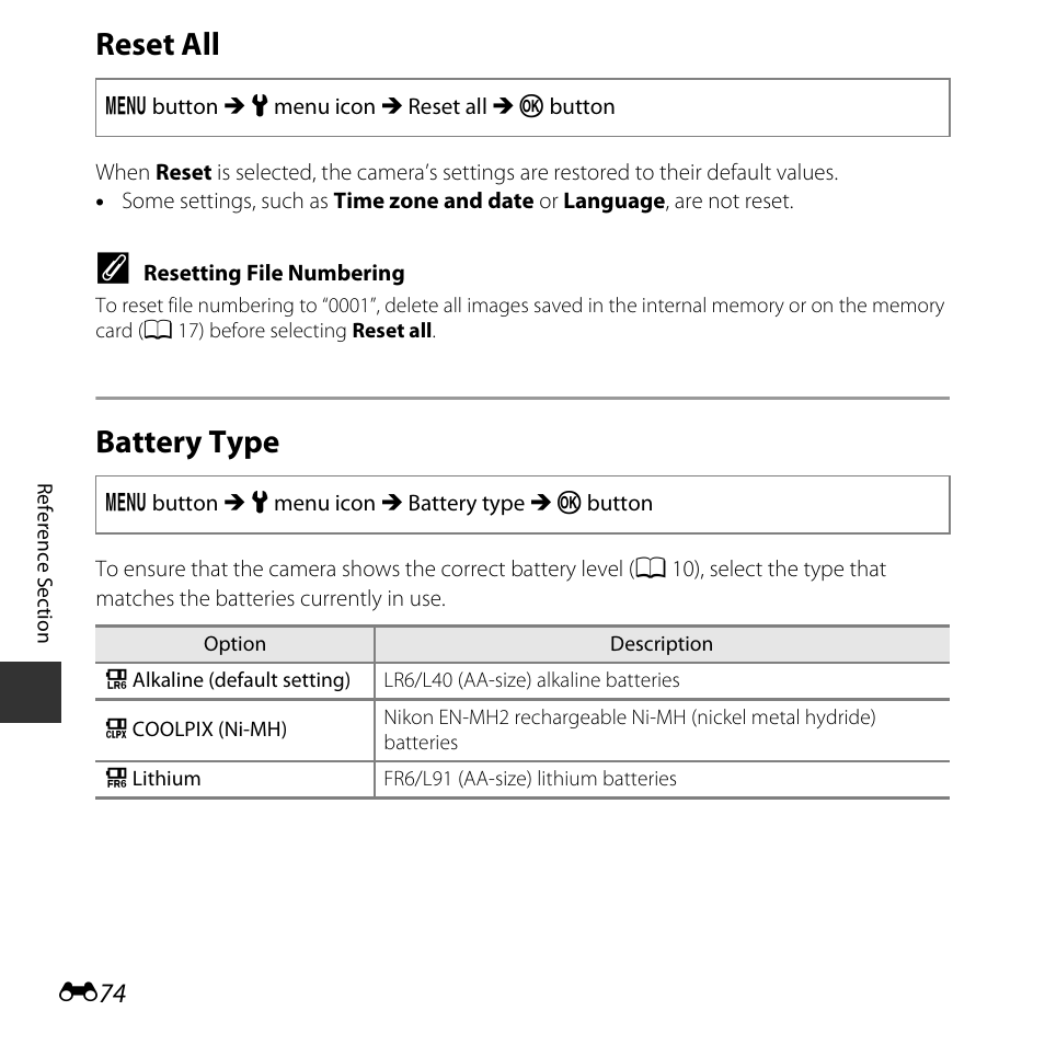 Reset all, Battery type | Nikon L30 User Manual | Page 126 / 160