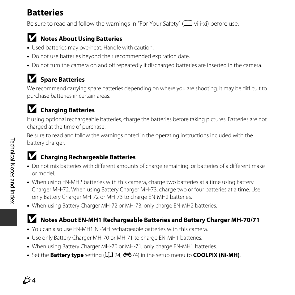 Batteries | Nikon L30 User Manual | Page 136 / 160