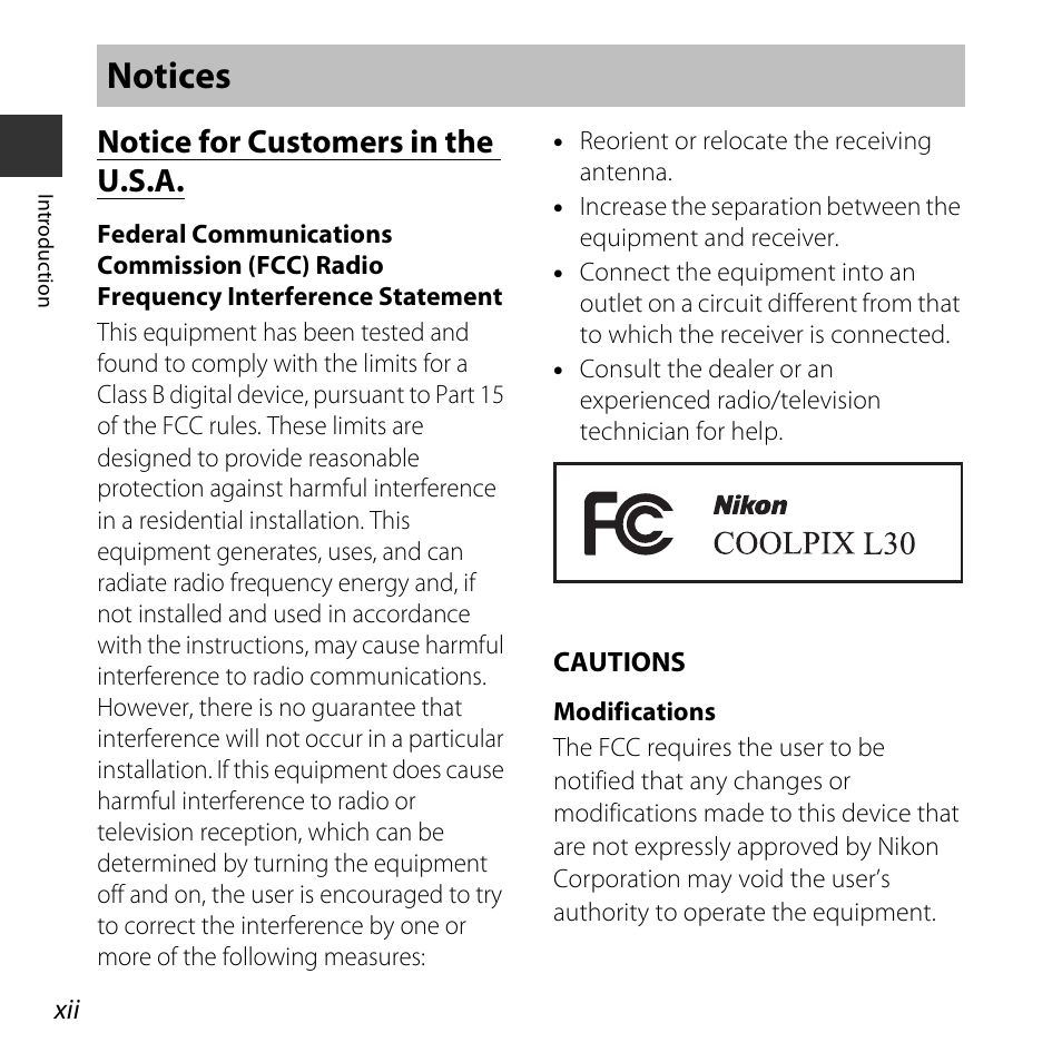 Notices, Notice for customers in the u.s.a | Nikon L30 User Manual | Page 14 / 160