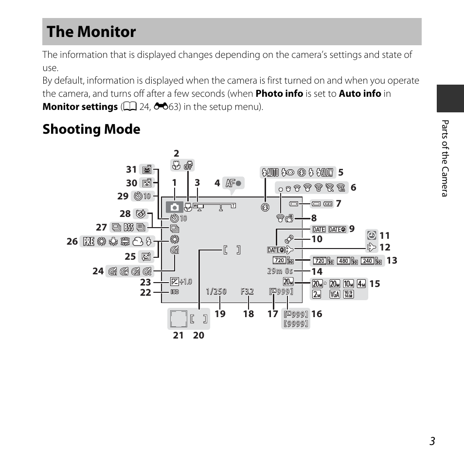 The monitor, Shooting mode | Nikon L30 User Manual | Page 23 / 160