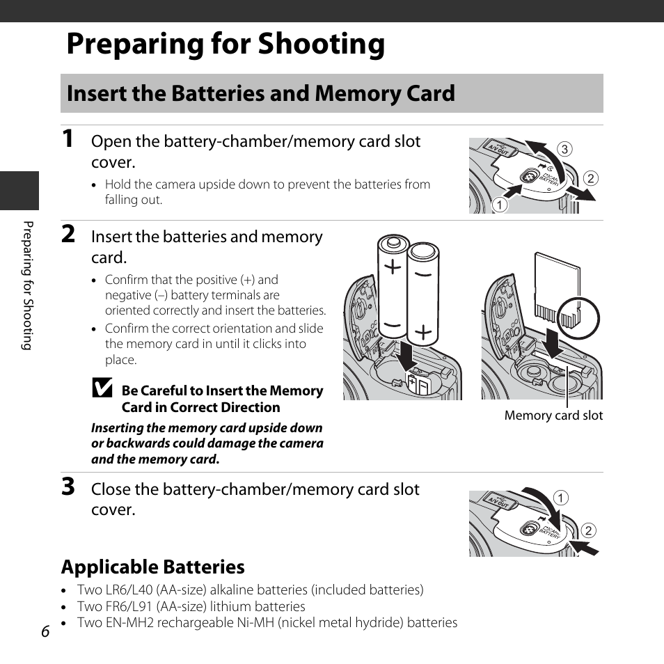 Preparing for shooting, Insert the batteries and memory card, Applicable batteries | A 6) a | Nikon L30 User Manual | Page 26 / 160