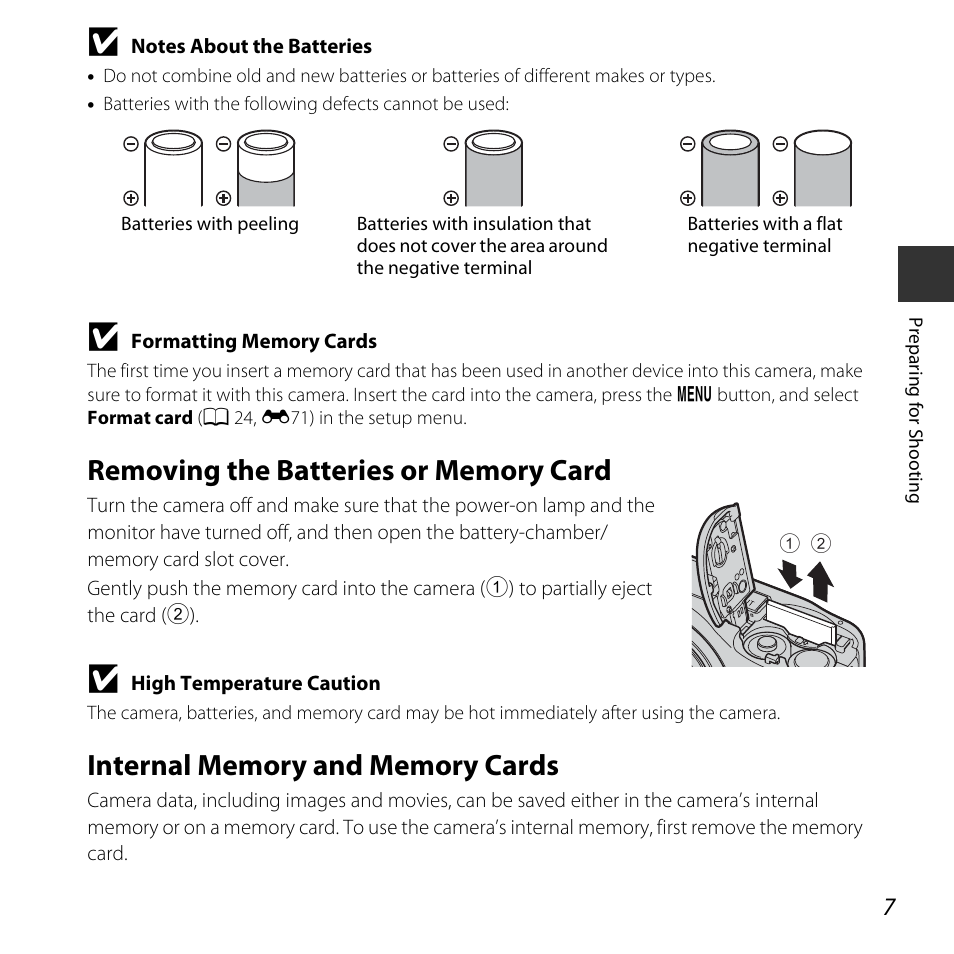 Removing the batteries or memory card, Internal memory and memory cards | Nikon L30 User Manual | Page 27 / 160