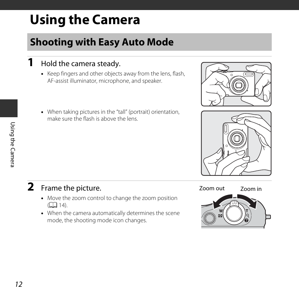 Using the camera, Shooting with easy auto mode, A 12) | Nikon L30 User Manual | Page 32 / 160