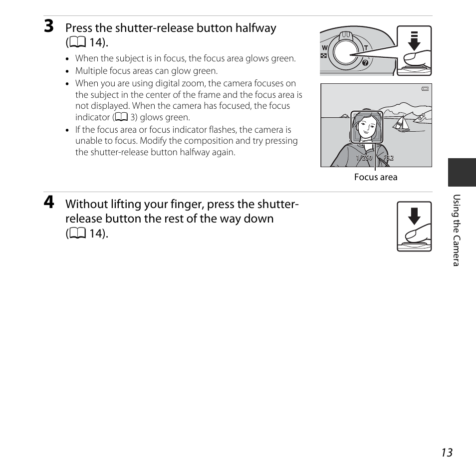 Press the shutter-release button halfway (a 14) | Nikon L30 User Manual | Page 33 / 160