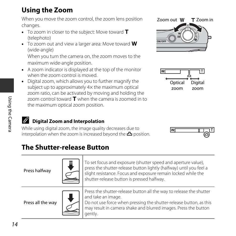 Using the zoom, The shutter-release button, Using the zoom the shutter-release button | Nikon L30 User Manual | Page 34 / 160