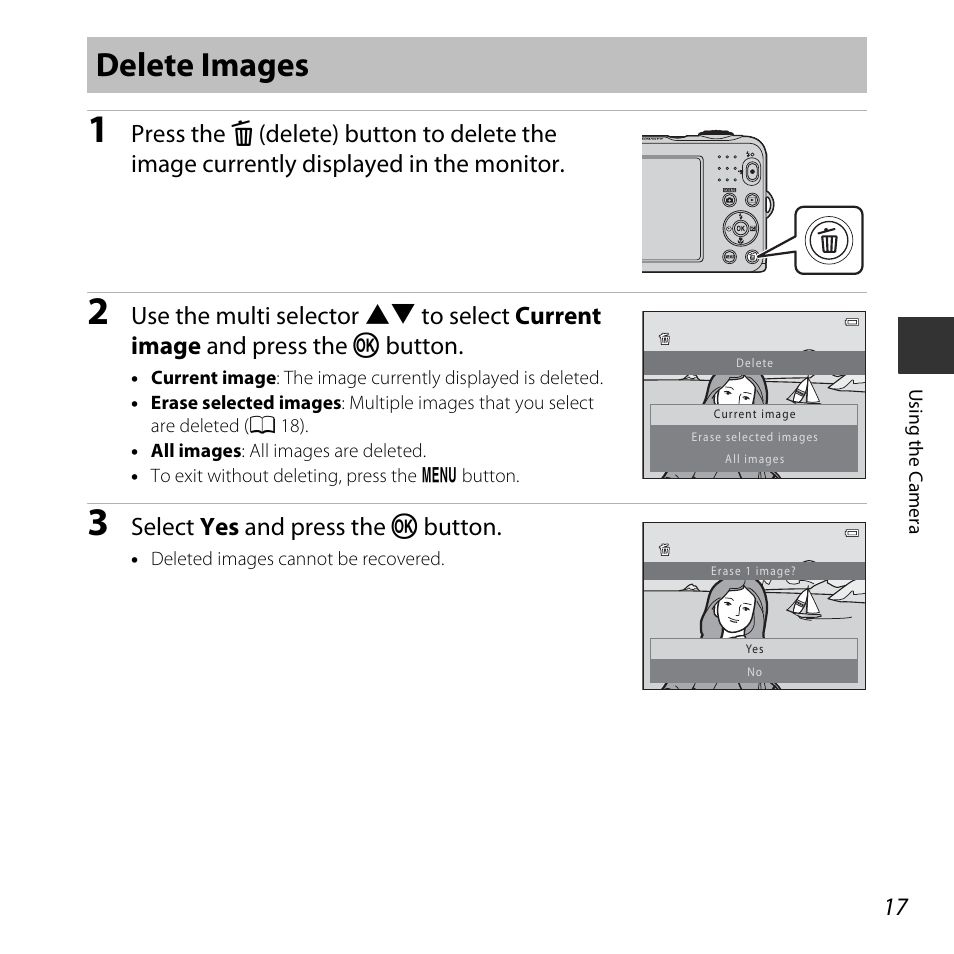 Delete images, Select yes and press the k button | Nikon L30 User Manual | Page 37 / 160
