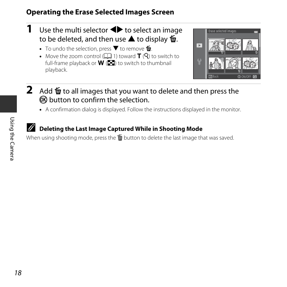 Operating the erase selected images screen | Nikon L30 User Manual | Page 38 / 160