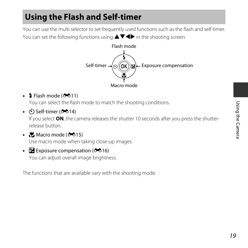 Using the flash and self-timer | Nikon L30 User Manual | Page 39 / 160
