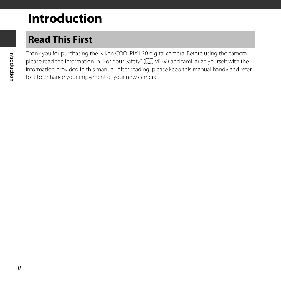 Introduction, Read this first | Nikon L30 User Manual | Page 4 / 160
