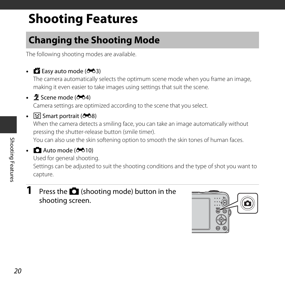 Shooting features, Changing the shooting mode | Nikon L30 User Manual | Page 40 / 160