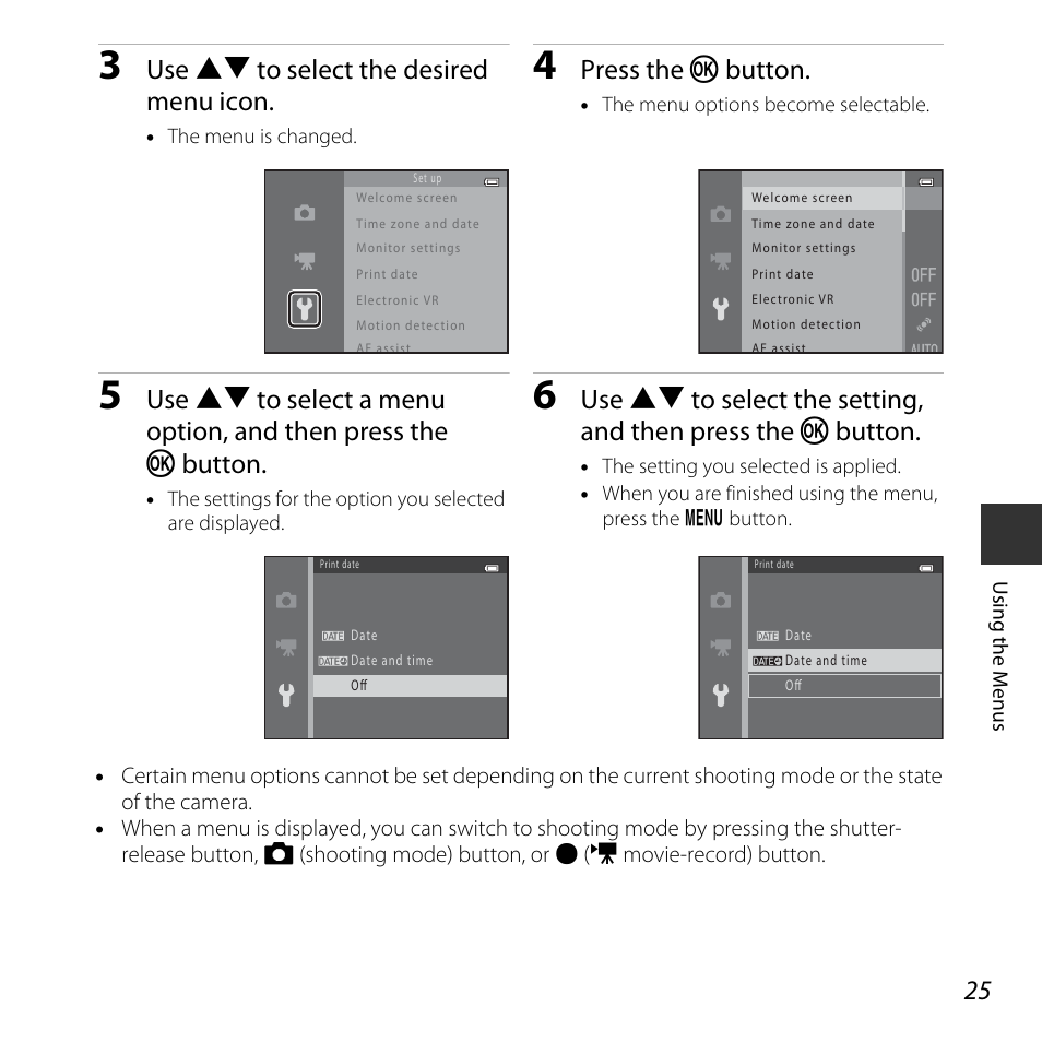 Use hi to select the desired menu icon, Press the k button | Nikon L30 User Manual | Page 45 / 160