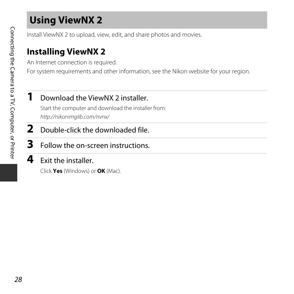 Using viewnx 2, Installing viewnx 2, A 28 | A 28) | Nikon L30 User Manual | Page 48 / 160