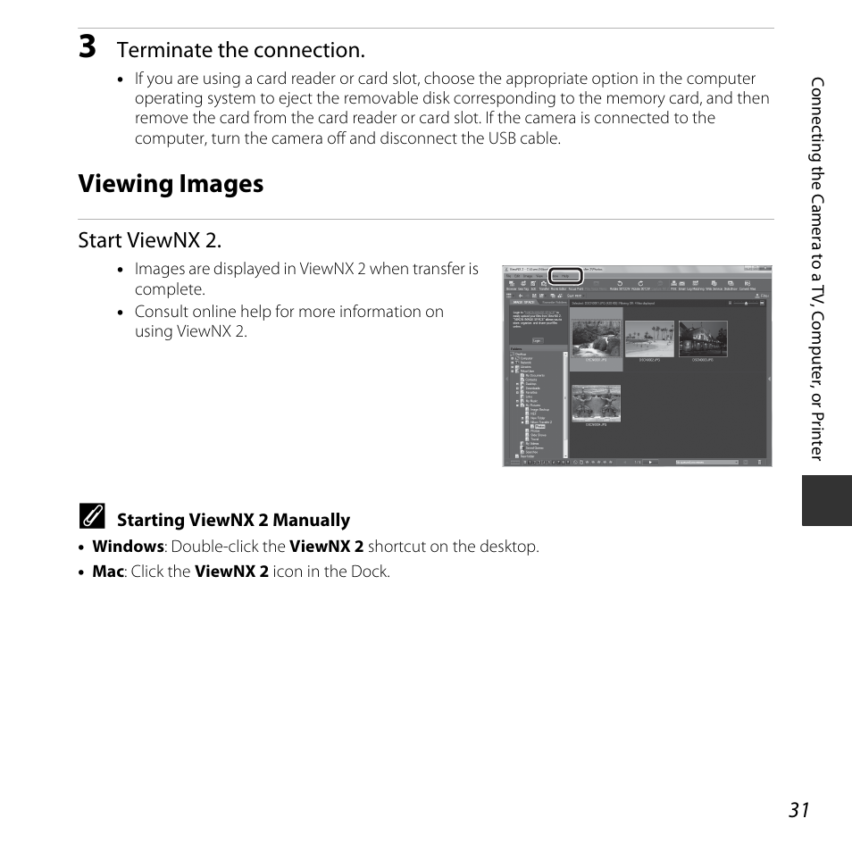 Viewing images, Terminate the connection, Start viewnx 2 | Nikon L30 User Manual | Page 51 / 160
