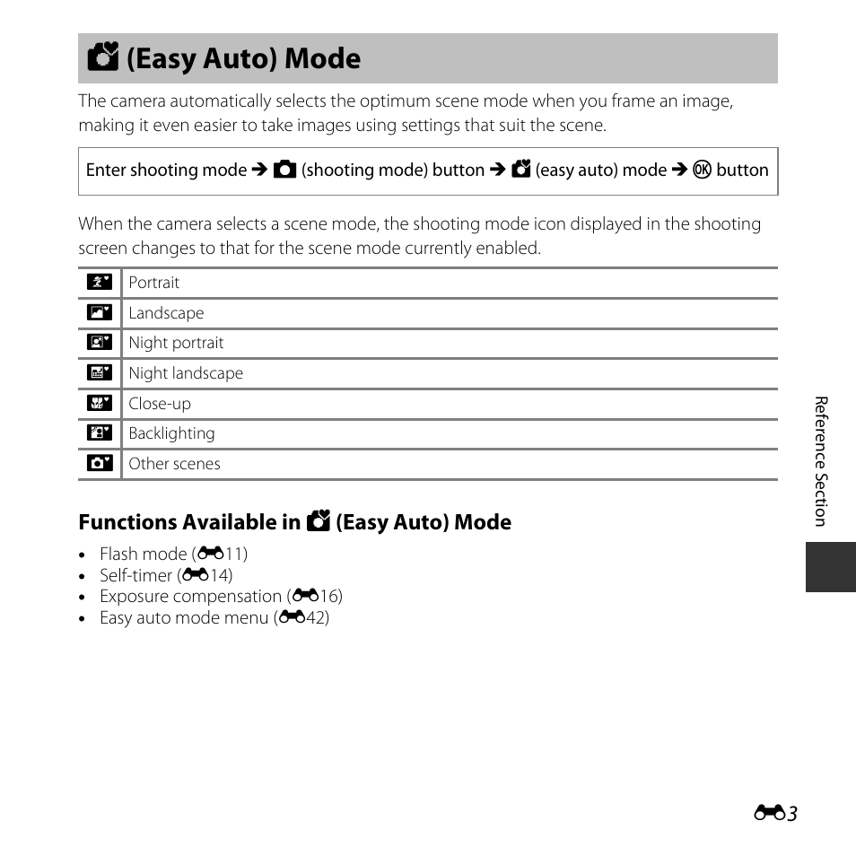 Easy auto mode, G (easy auto) mode, Functions available in g (easy auto) mode | Nikon L30 User Manual | Page 55 / 160