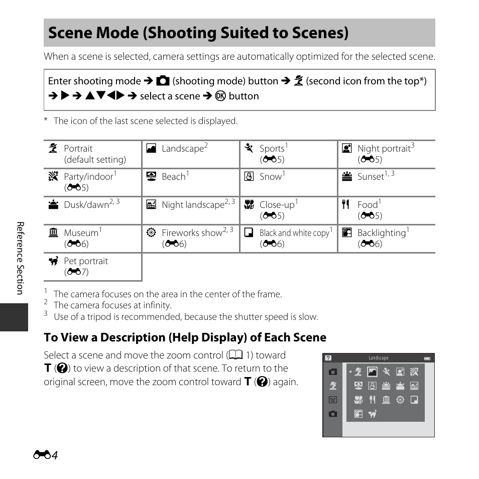 Scene mode (shooting suited to scenes) | Nikon L30 User Manual | Page 56 / 160