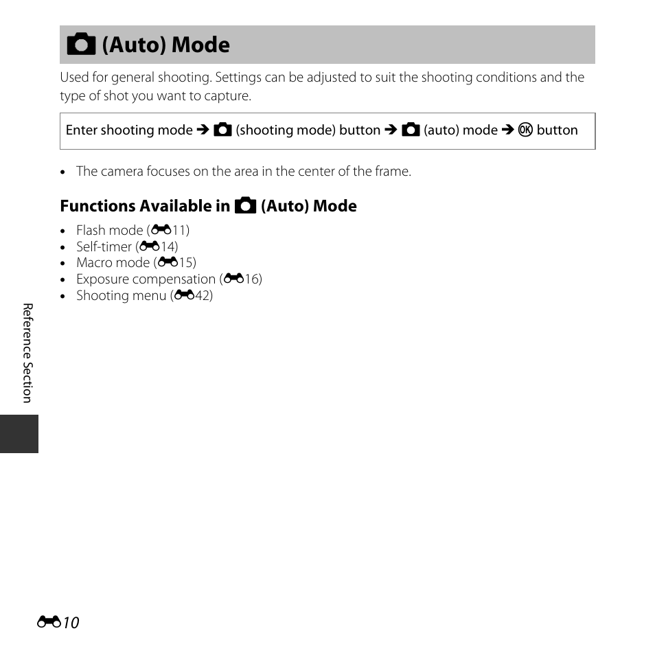 Auto mode, E10), A (auto) mode | Functions available in a (auto) mode | Nikon L30 User Manual | Page 62 / 160