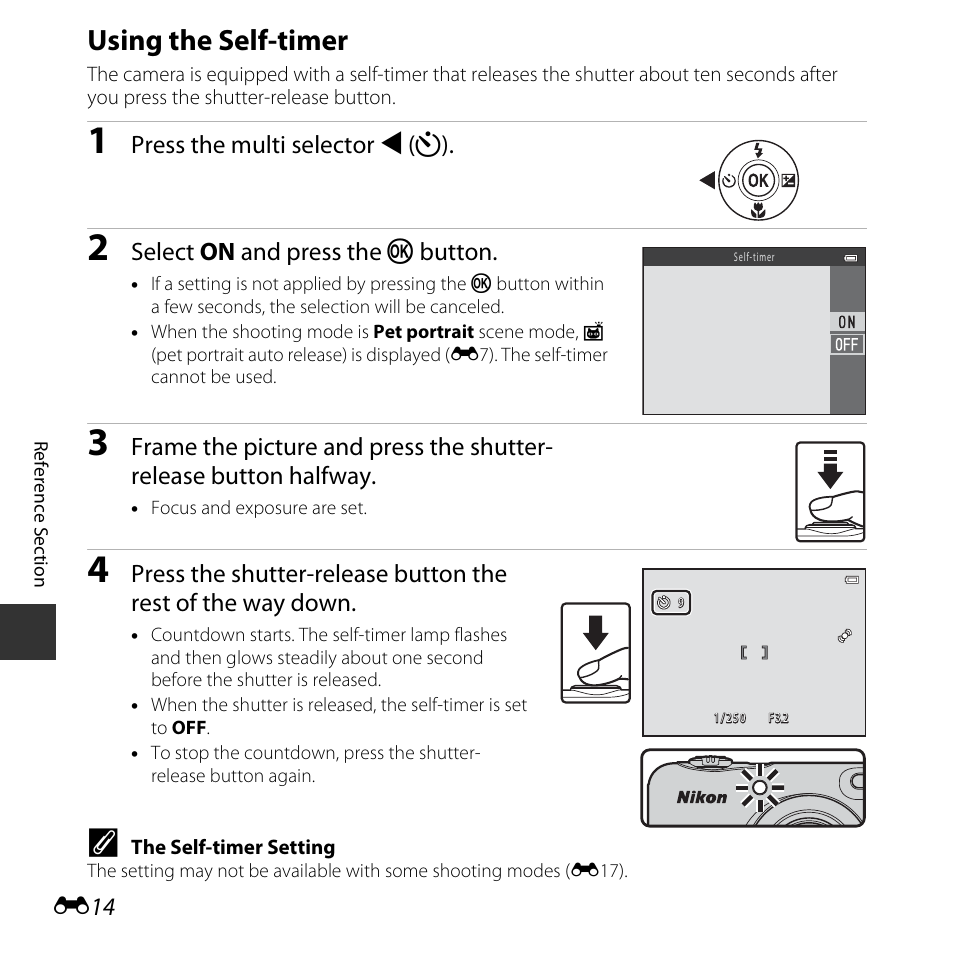 Using the self-timer, Imer (e14), E14) | Nikon L30 User Manual | Page 66 / 160