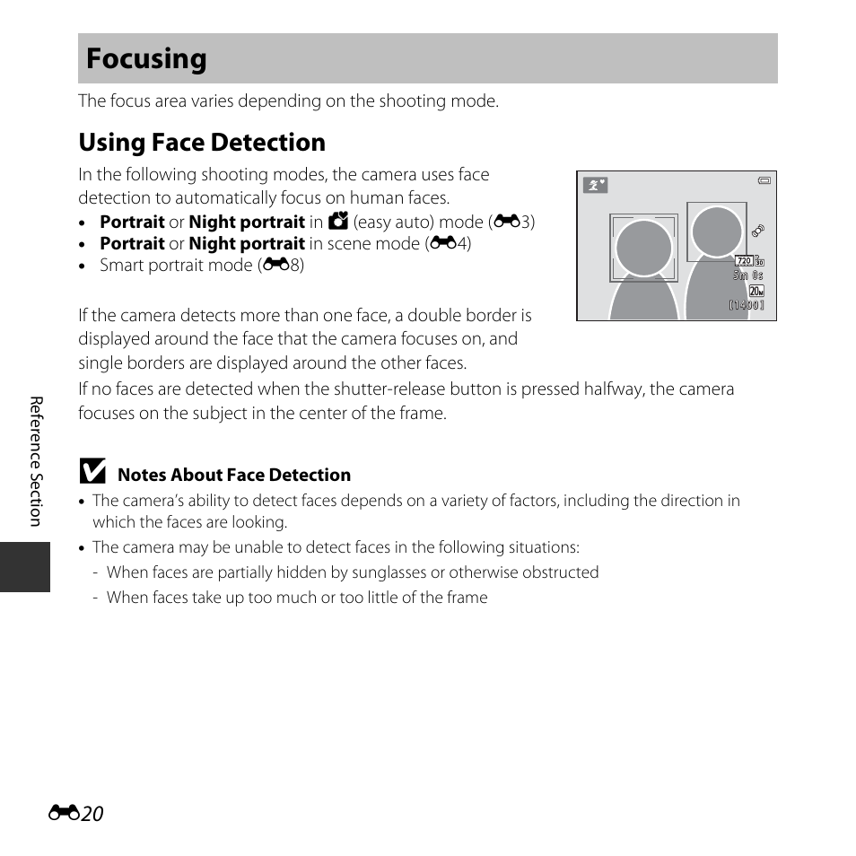 Focusing, Using face detection | Nikon L30 User Manual | Page 72 / 160