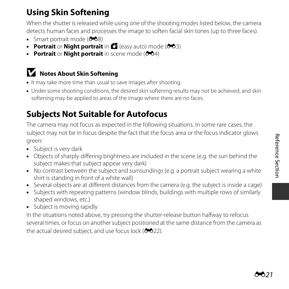 Using skin softening, Subjects not suitable for autofocus | Nikon L30 User Manual | Page 73 / 160