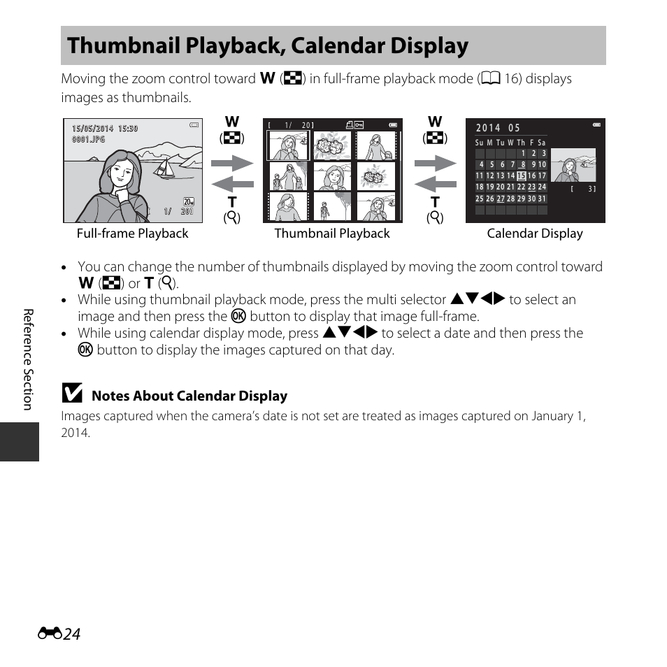 Thumbnail playback, calendar display, Thumbnail playback, calendar display ... e24, 16, e24 | Nikon L30 User Manual | Page 76 / 160