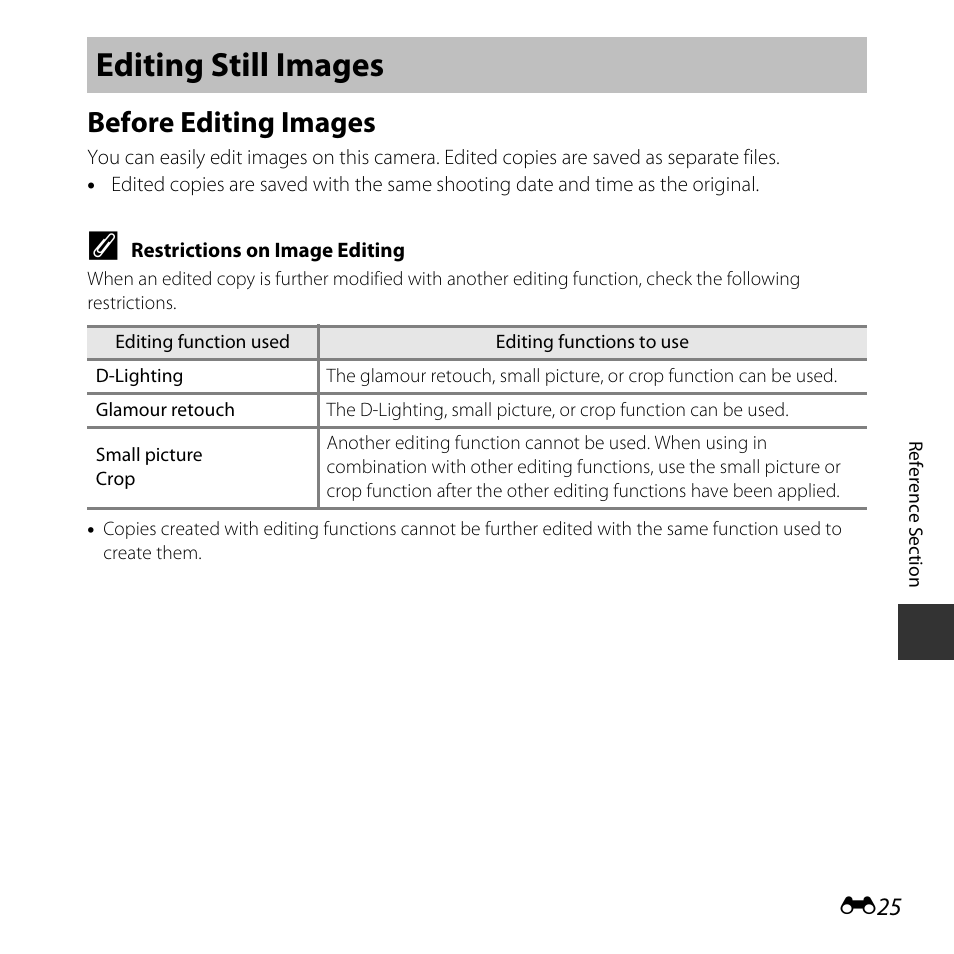 Editing still images, Before editing images | Nikon L30 User Manual | Page 77 / 160