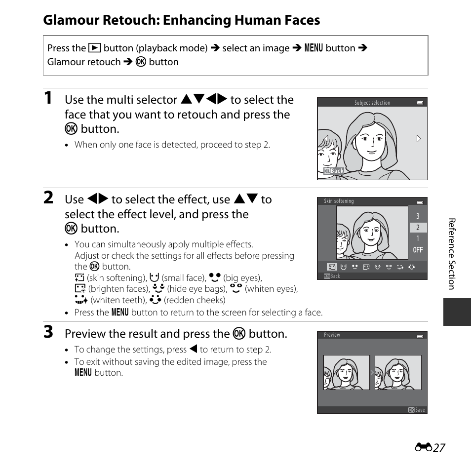 Glamour retouch: enhancing human faces, Preview the result and press the k button | Nikon L30 User Manual | Page 79 / 160