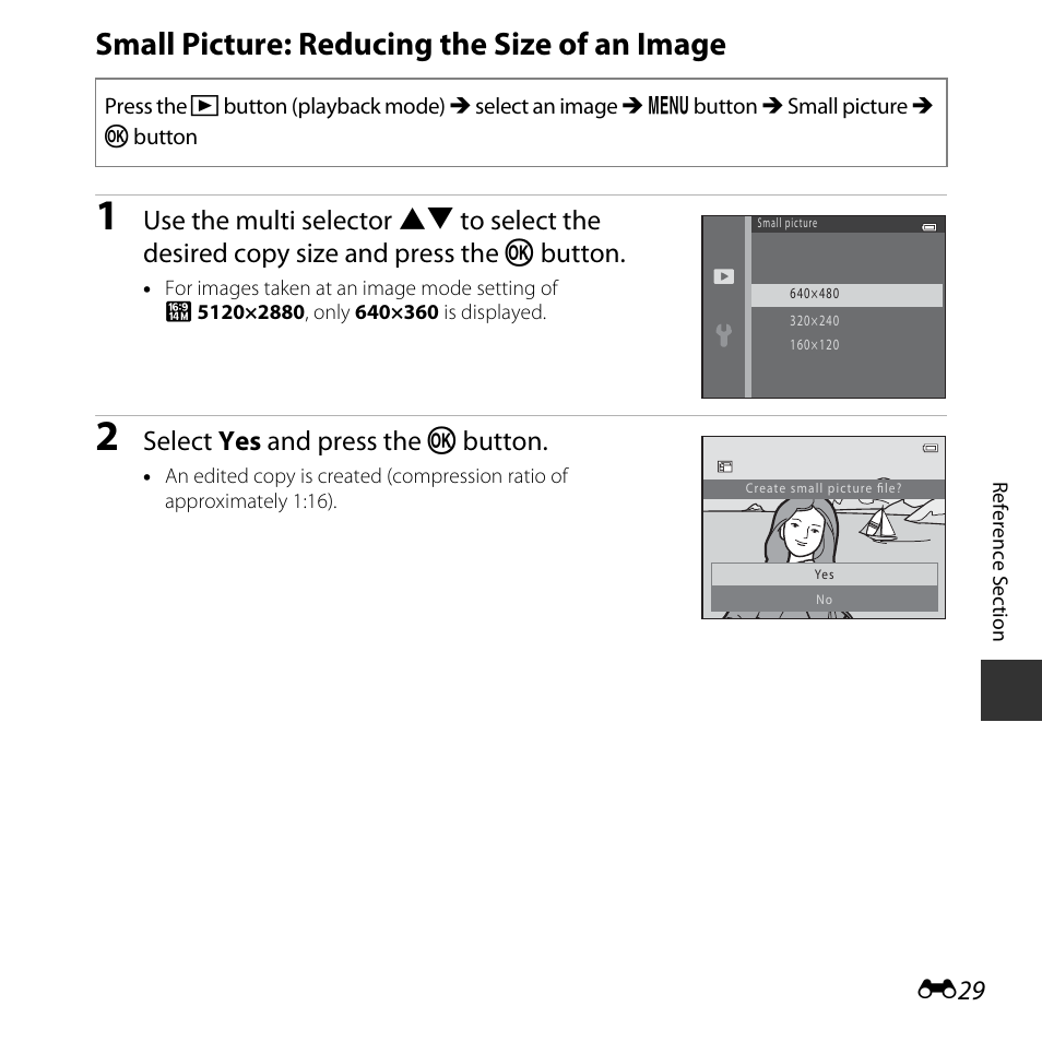 Small picture: reducing the size of an image, Select yes and press the k button | Nikon L30 User Manual | Page 81 / 160