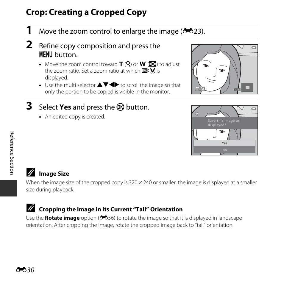 Crop: creating a cropped copy | Nikon L30 User Manual | Page 82 / 160