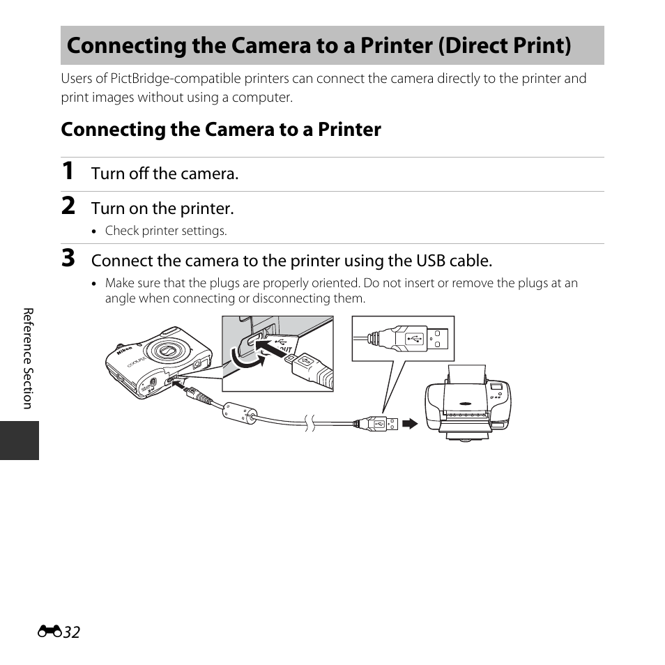 Connecting the camera to a printer (direct print), Connecting the camera to a printer | Nikon L30 User Manual | Page 84 / 160