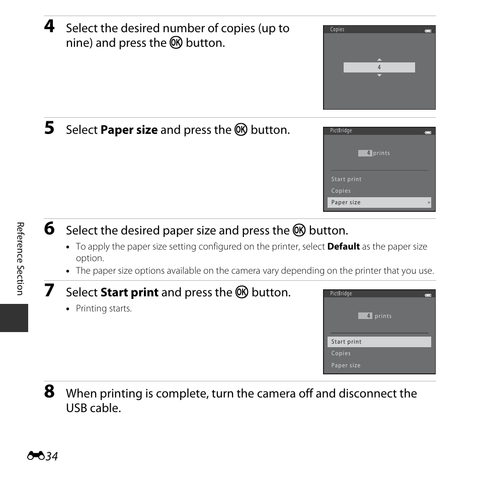 Select paper size and press the k button, Select start print and press the k button | Nikon L30 User Manual | Page 86 / 160