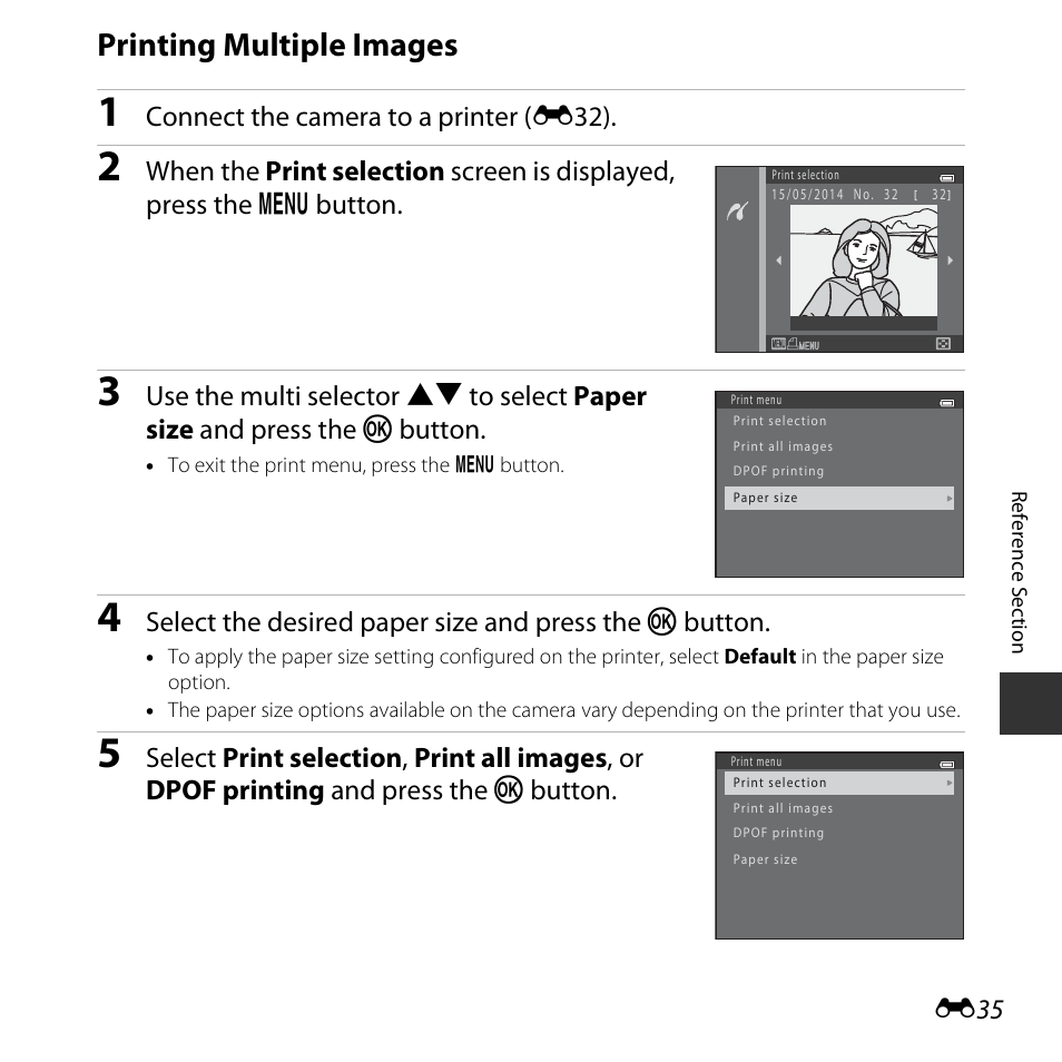 Printing multiple images, Connect the camera to a printer ( e32) | Nikon L30 User Manual | Page 87 / 160