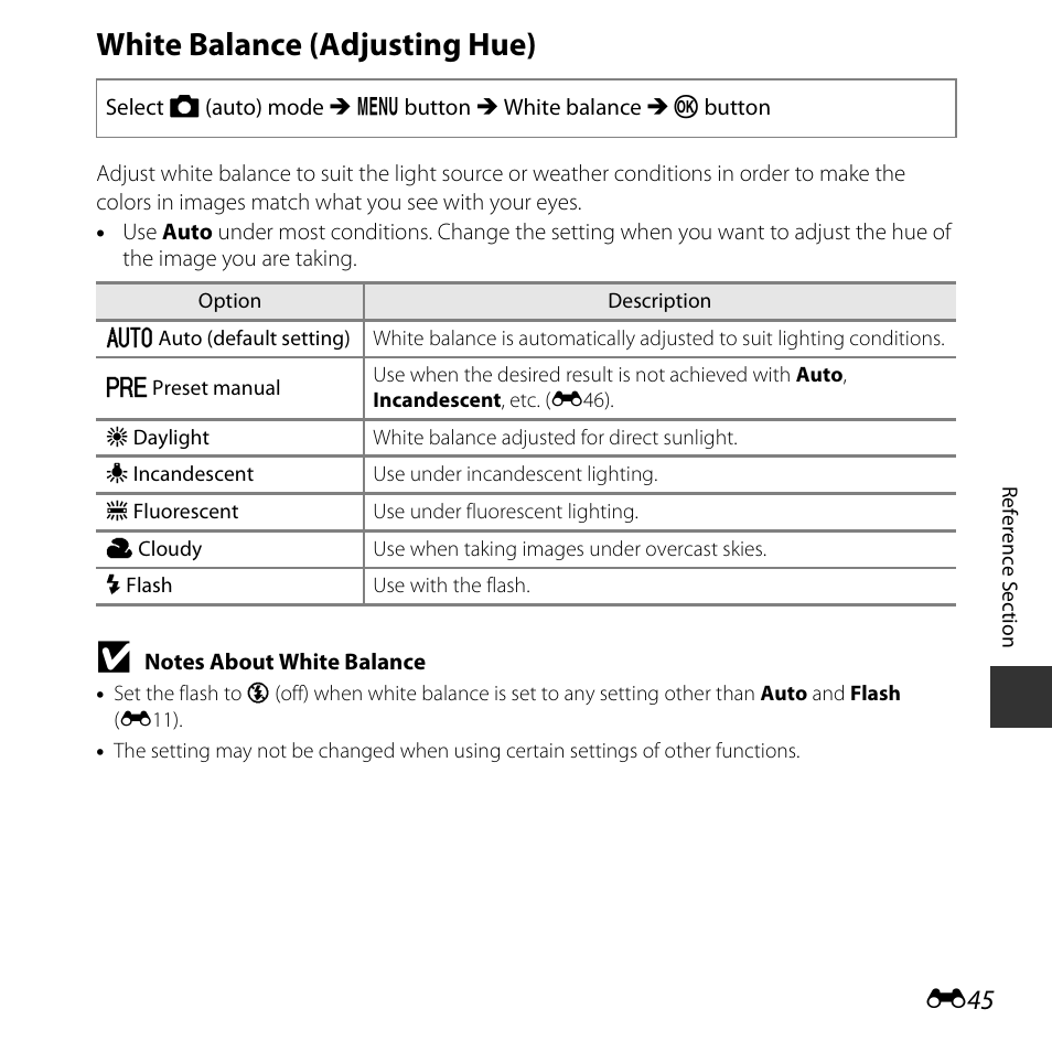 White balance (adjusting hue), E45) | Nikon L30 User Manual | Page 97 / 160