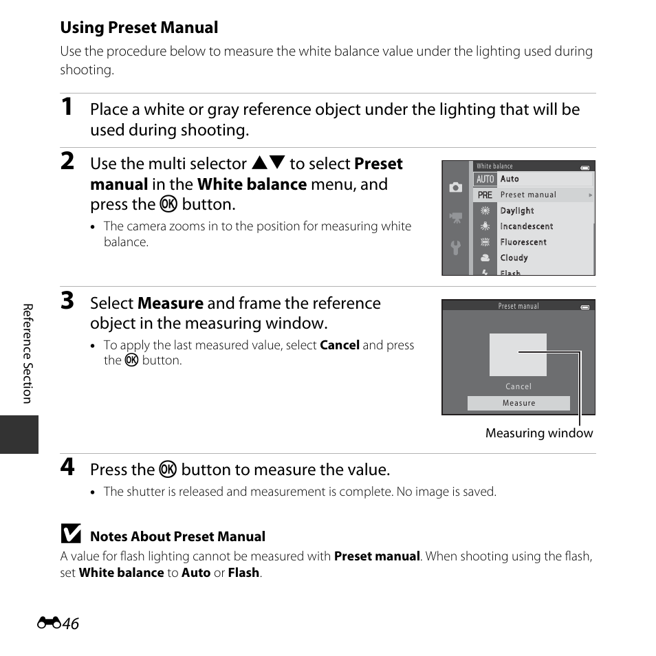 Using preset manual, Press the k button to measure the value | Nikon L30 User Manual | Page 98 / 160