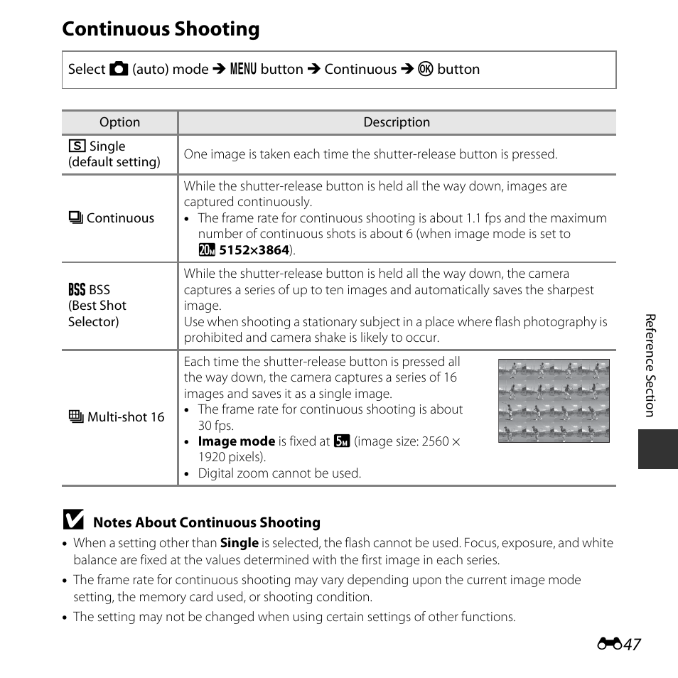 Continuous shooting, E47) | Nikon L30 User Manual | Page 99 / 160