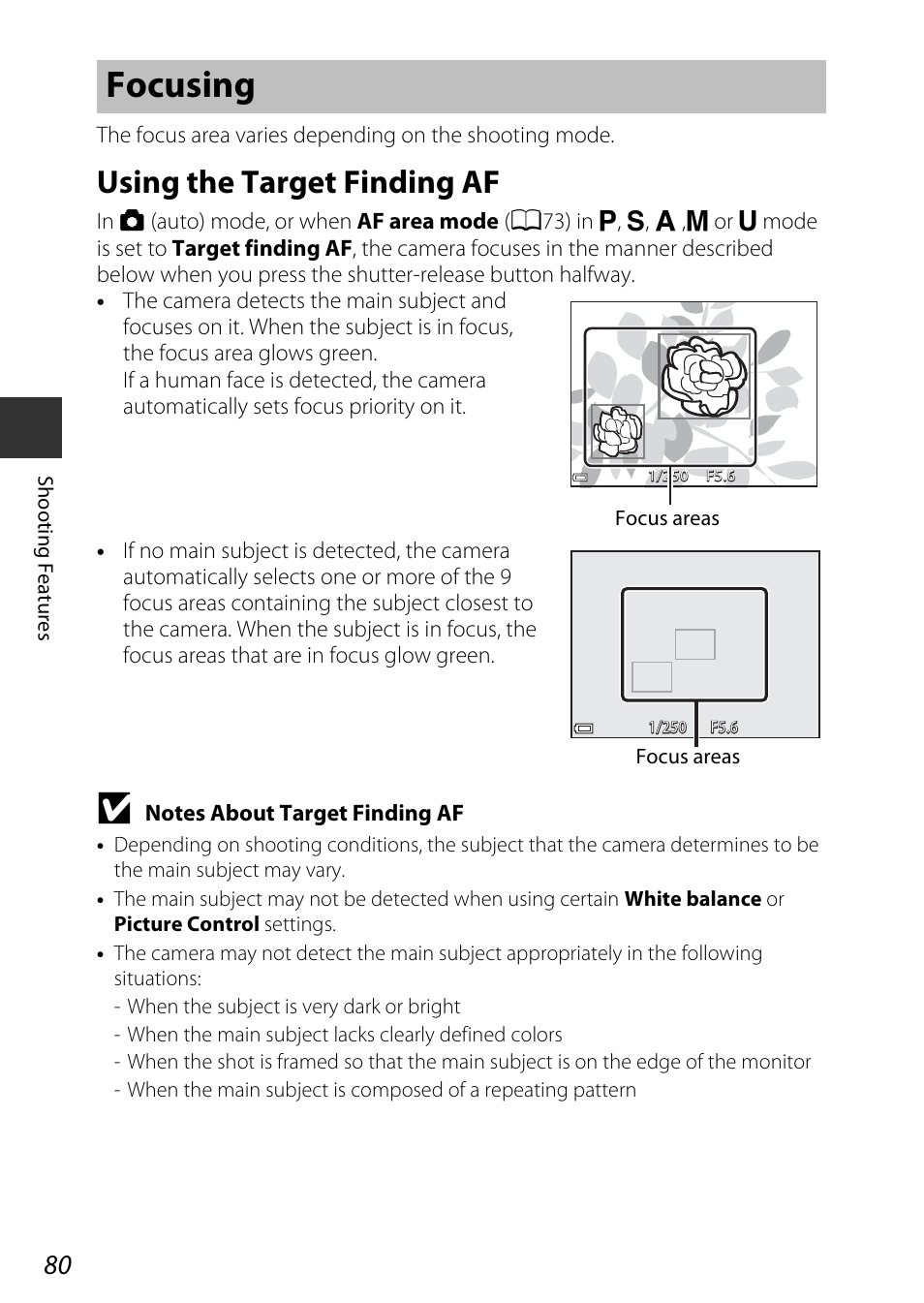 Focusing, Using the target finding af, A80) for | Nikon P600 User Manual | Page 102 / 236