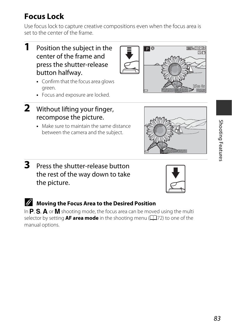 Focus lock, A83), Without lifting your finger, recompose the picture | Nikon P600 User Manual | Page 105 / 236