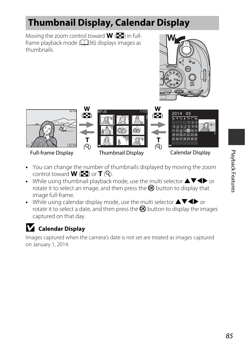 Thumbnail display, calendar display, Calendar display | Nikon P600 User Manual | Page 107 / 236