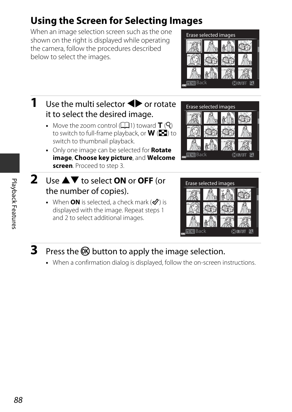 Using the screen for selecting images, Press the k button to apply the image selection | Nikon P600 User Manual | Page 110 / 236