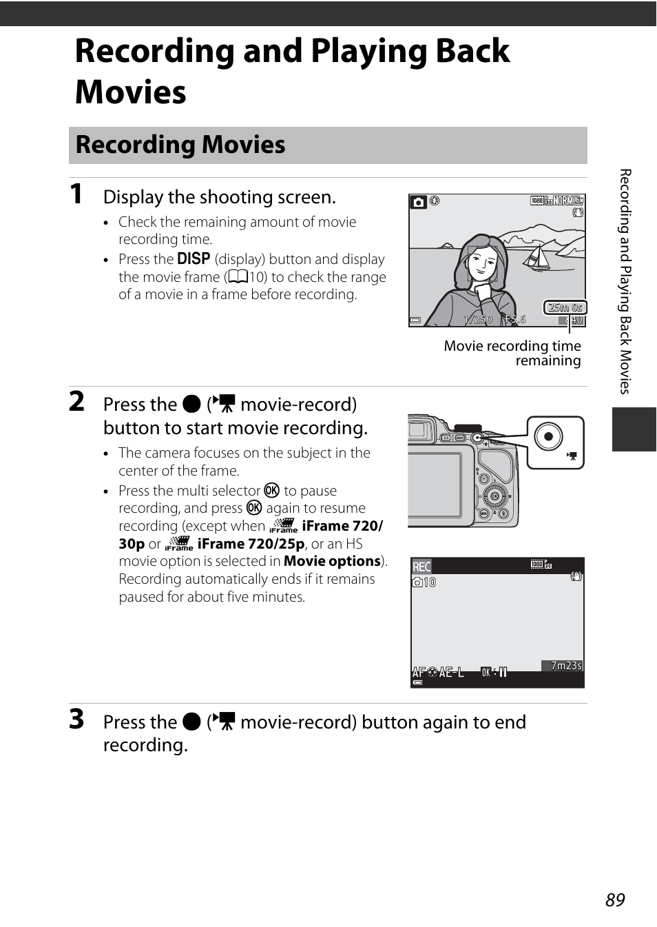 Recording and playing back movies, Recording movies, Display the shooting screen | Nikon P600 User Manual | Page 111 / 236