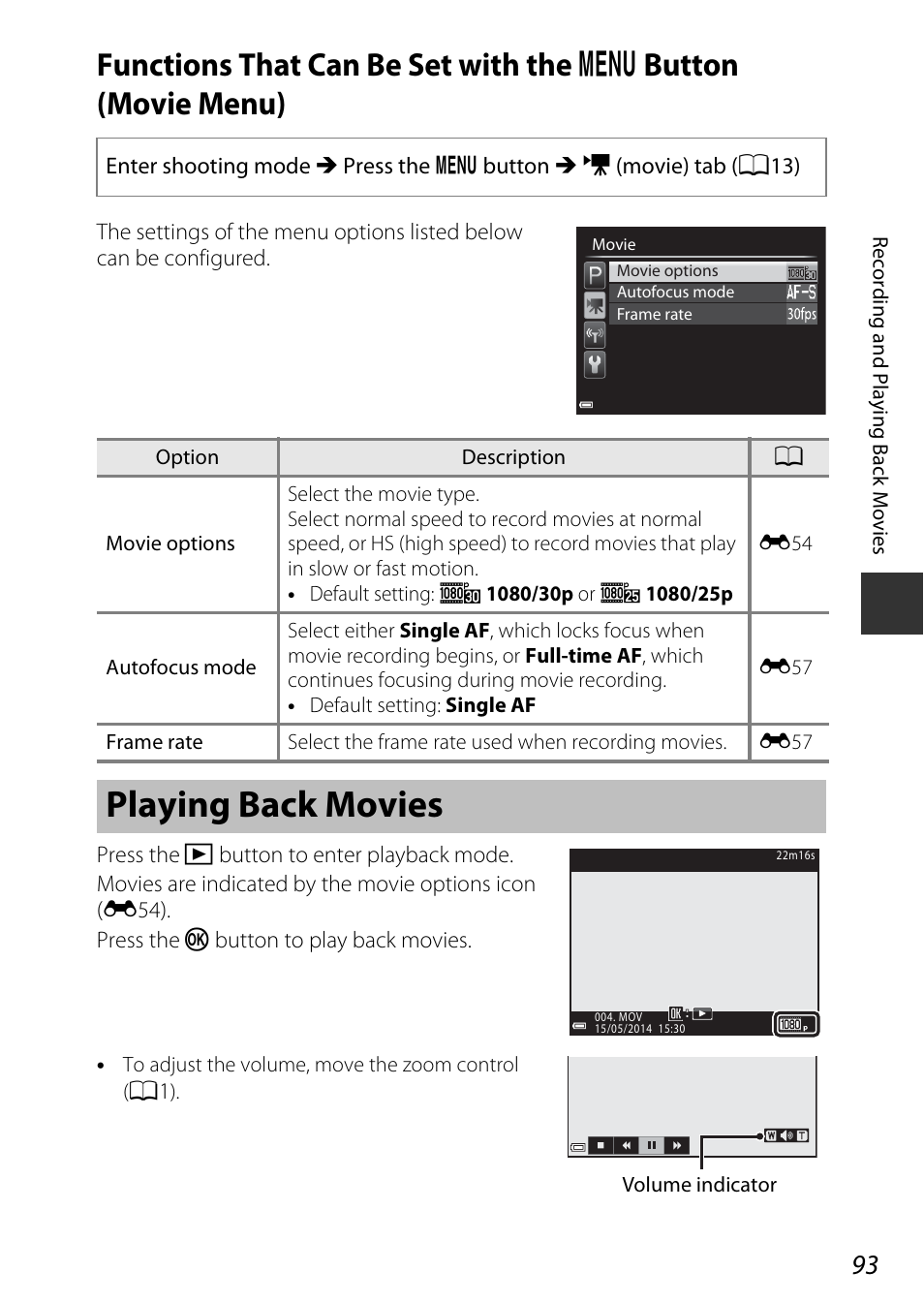 Playing back movies, Functions that can be set with the, D button (movie menu) | A93) se | Nikon P600 User Manual | Page 115 / 236