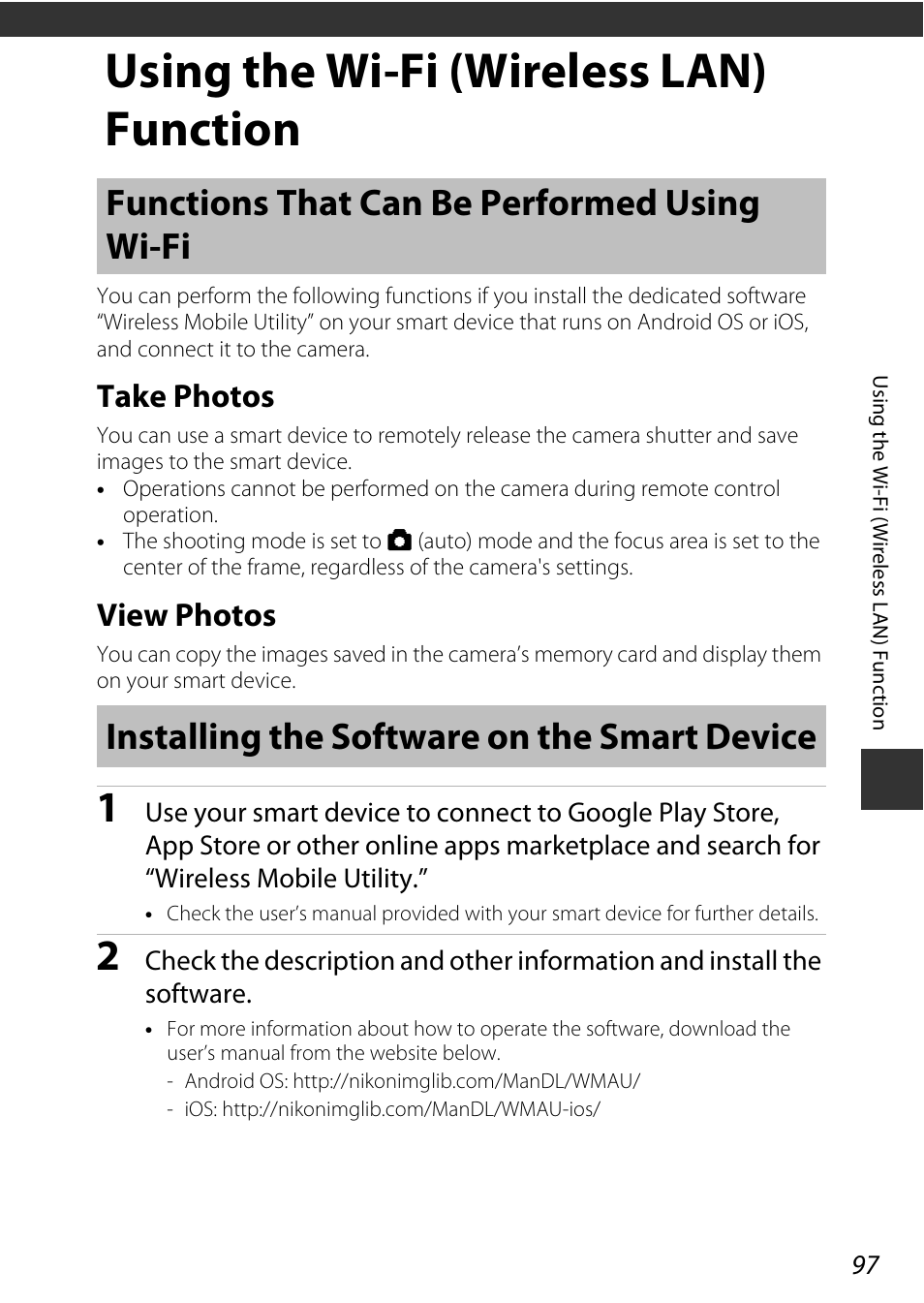 Using the wi-fi (wireless lan) function, Functions that can be performed using wi-fi, Take photos | View photos, Installing the software on the smart device, Take photos view photos | Nikon P600 User Manual | Page 119 / 236