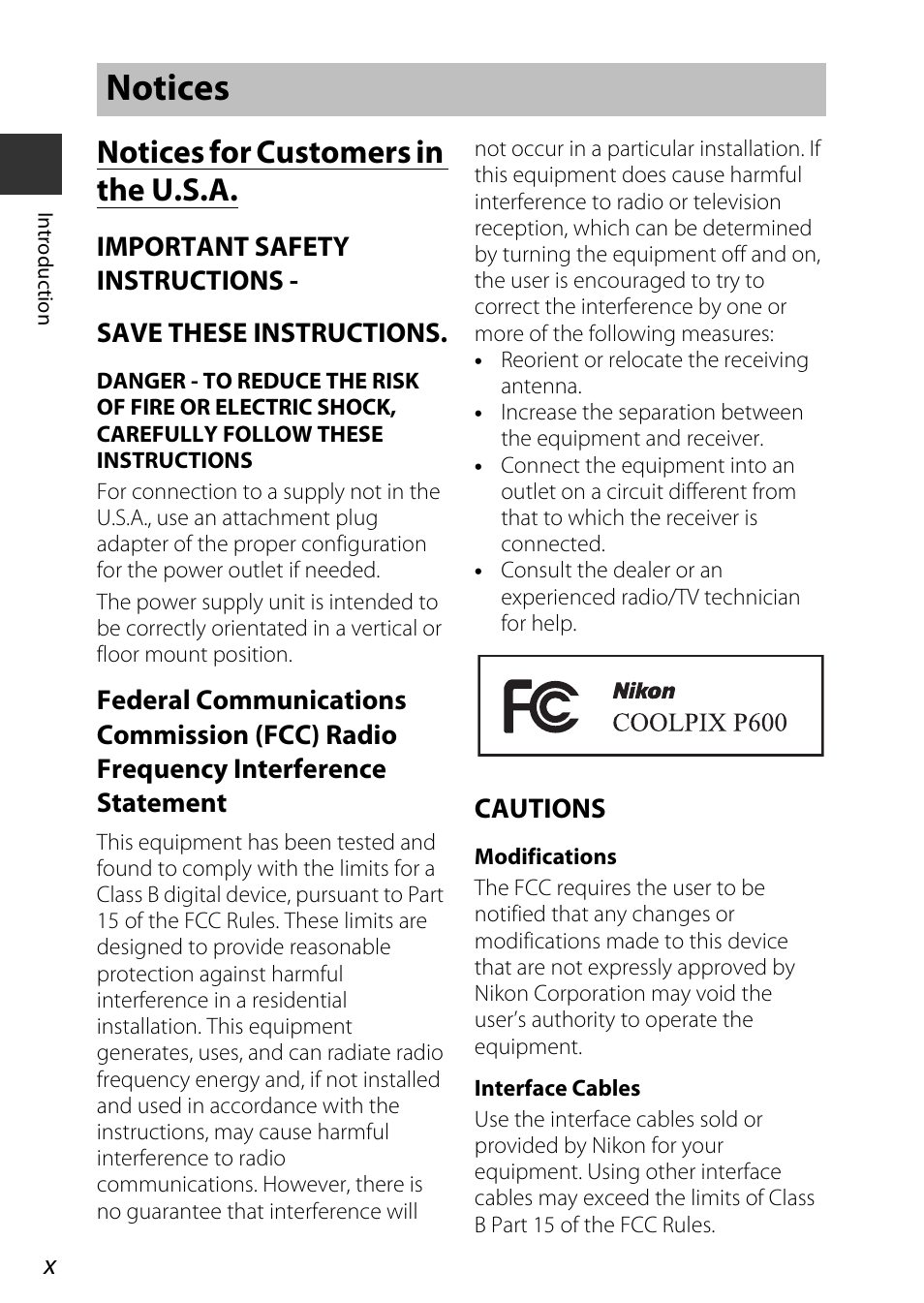 Notices, Notices for customers in the u.s.a | Nikon P600 User Manual | Page 12 / 236
