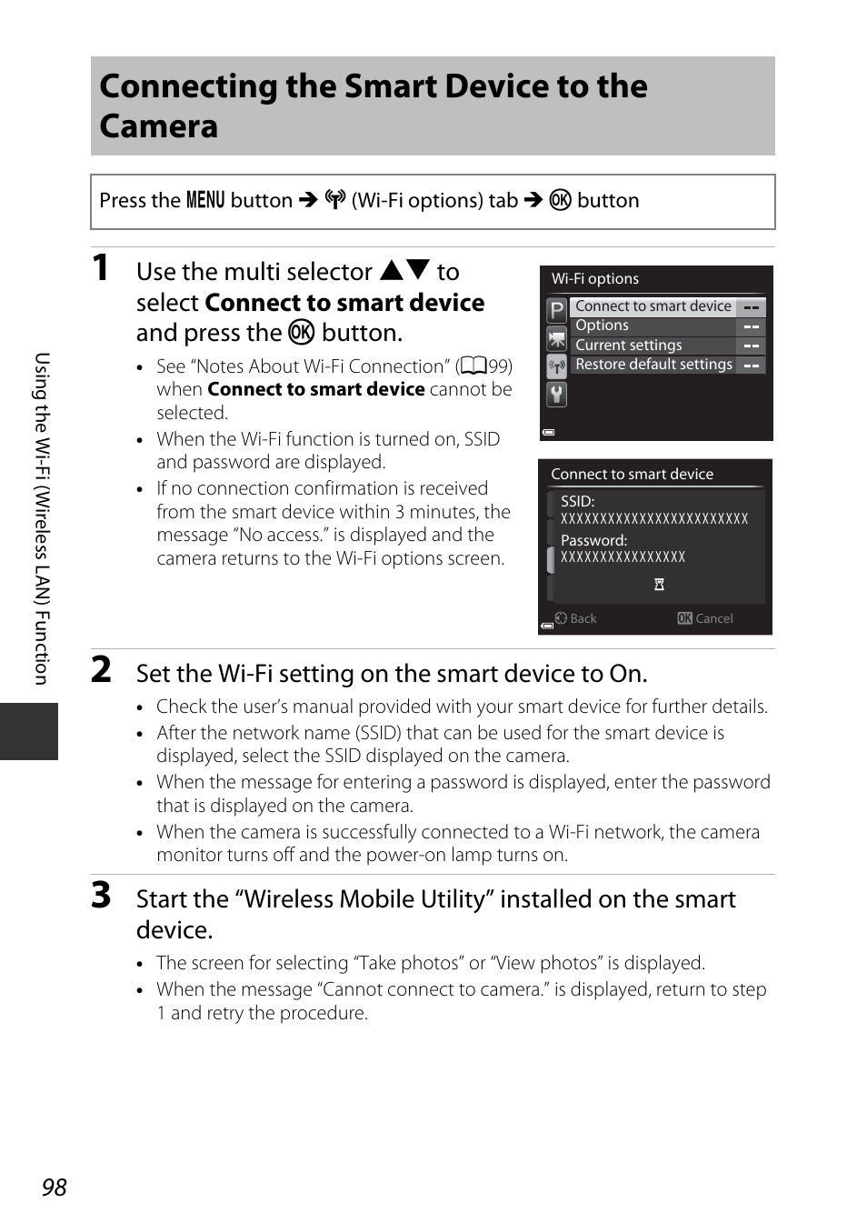 Connecting the smart device to the camera, Set the wi-fi setting on the smart device to on | Nikon P600 User Manual | Page 120 / 236