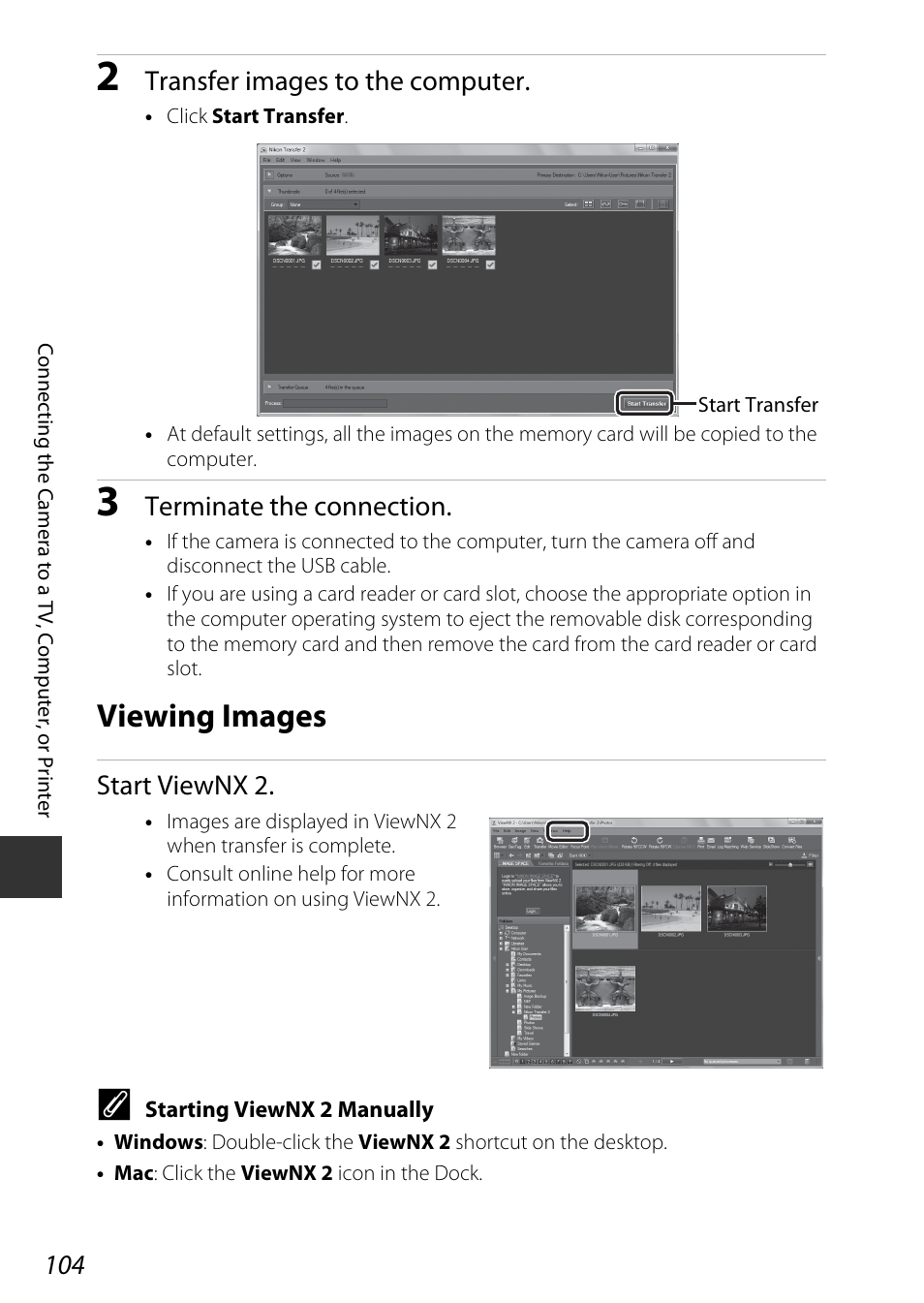 Viewing images, Transfer images to the computer, Terminate the connection | Start viewnx 2 | Nikon P600 User Manual | Page 126 / 236