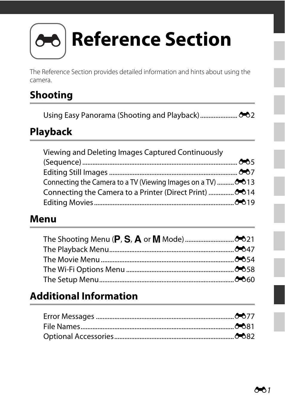 Reference section, Shooting, Playback | Menu, Additional information | Nikon P600 User Manual | Page 127 / 236