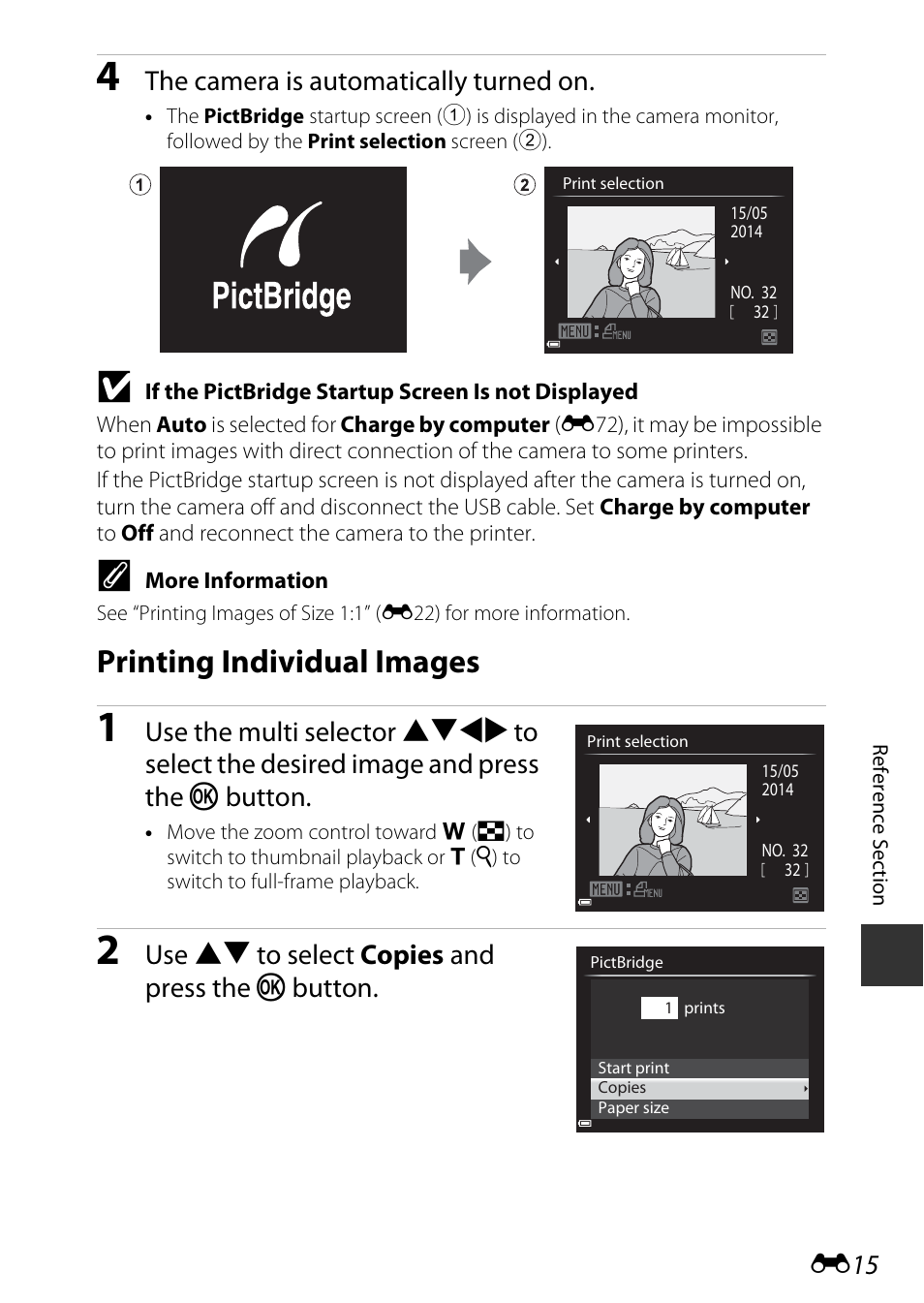 Printing individual images, The camera is automatically turned on, Use hi to select copies and press the k button | Nikon P600 User Manual | Page 141 / 236