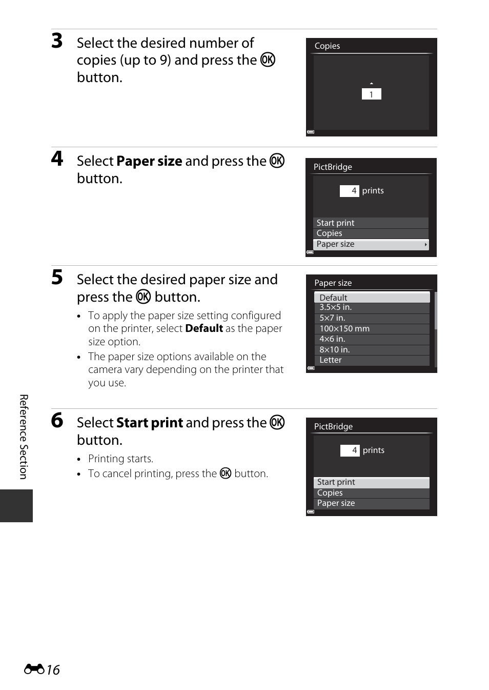 Select paper size and press the k button, Select start print and press the k button | Nikon P600 User Manual | Page 142 / 236