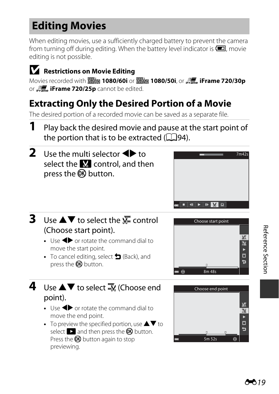 Editing movies, Extracting only the desired portion of a movie, Use hi to select k (choose end point) | Nikon P600 User Manual | Page 145 / 236