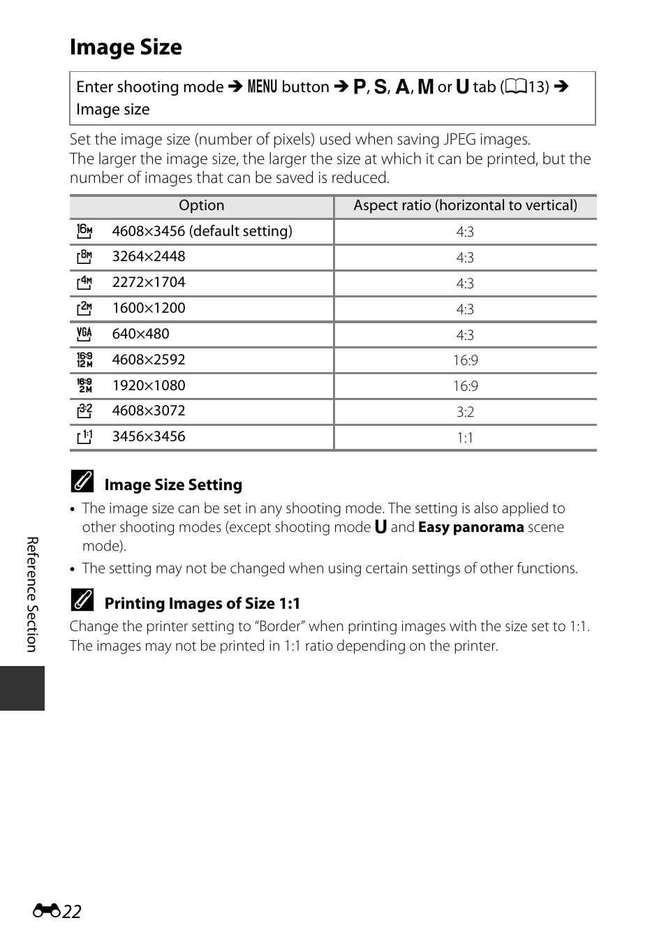 Image size, Printing images of size 1:1, E22) | Nikon P600 User Manual | Page 148 / 236